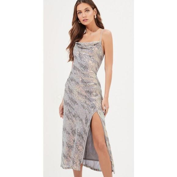 ASTR the Label Hollywood Sequin Midi Dress M Silver Pink Party - Picture 1 of 12